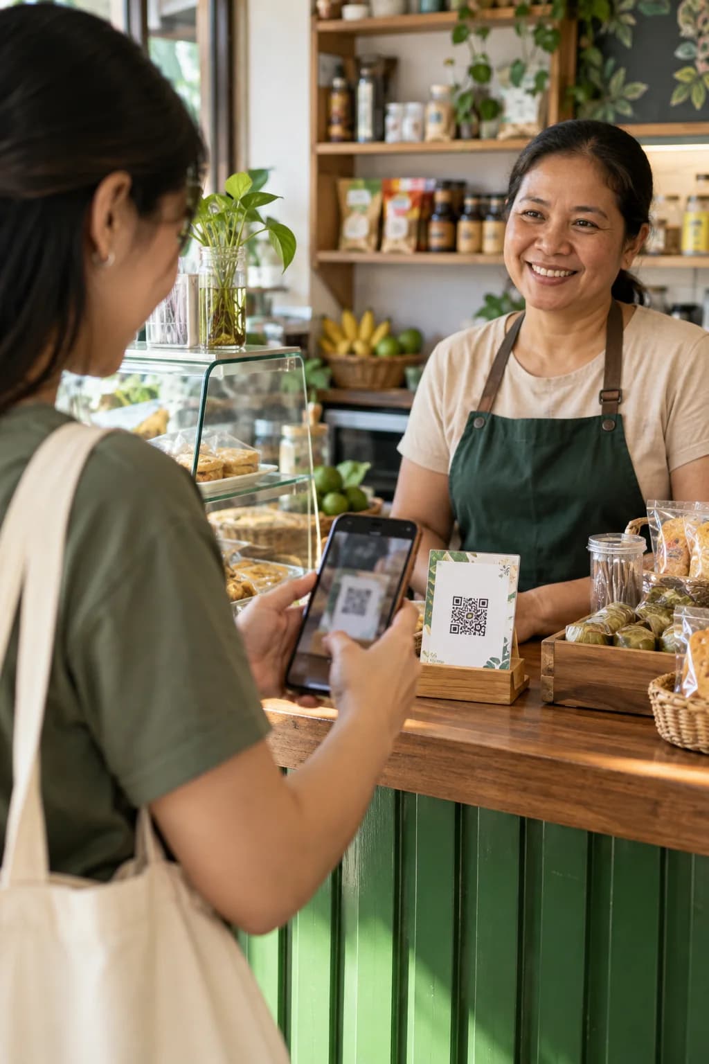 A customer scanning a QR code at a small neighborhood store