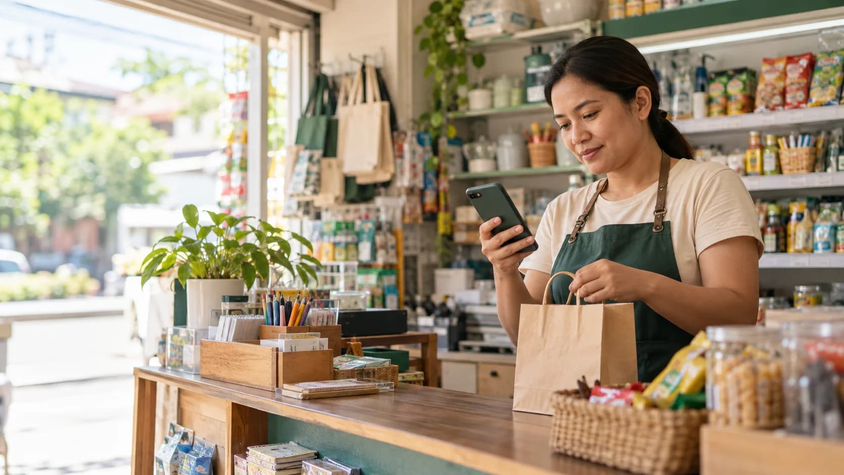 A neighborhood store owner checking an order on her phone at the counter